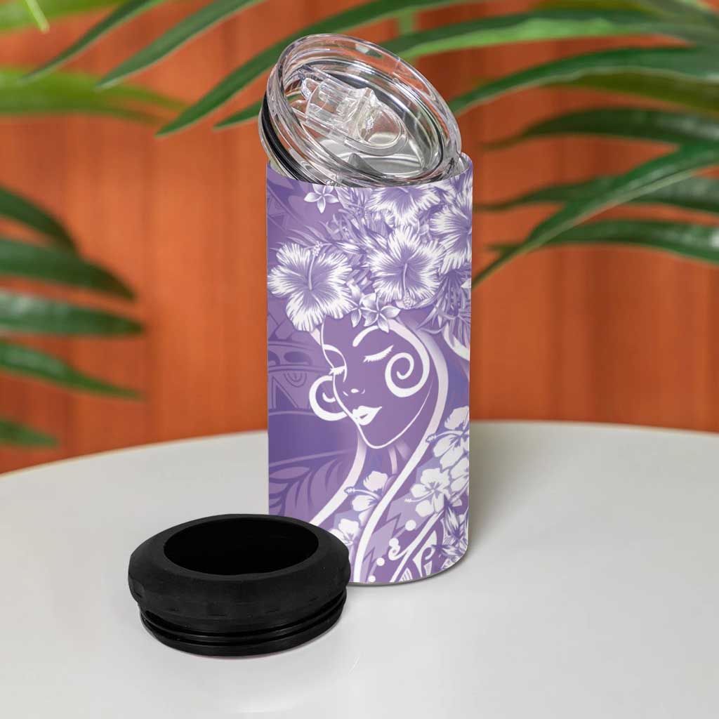 Polynesian Women's Day 4 in 1 Can Cooler Tumbler Purple Hibiscus Flowers With Polynesian Pattern