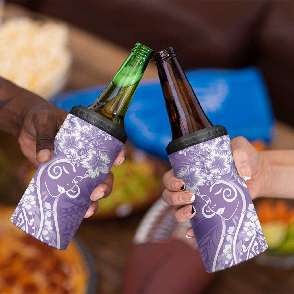 Polynesian Women's Day 4 in 1 Can Cooler Tumbler Purple Hibiscus Flowers With Polynesian Pattern
