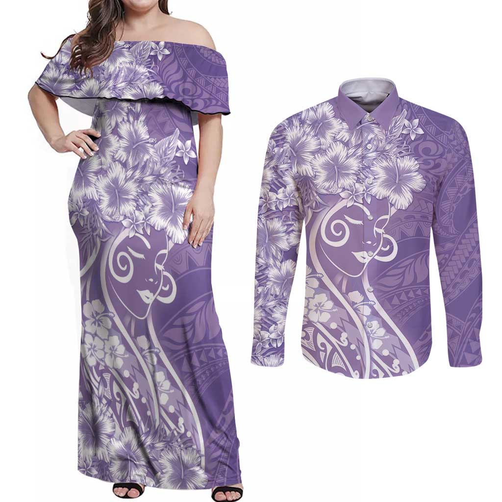 Polynesian Women's Day Couples Matching Off Shoulder Maxi Dress and Long Sleeve Button Shirt Purple Hibiscus Flowers With Polynesian Pattern LT05 Purple - Polynesian Pride