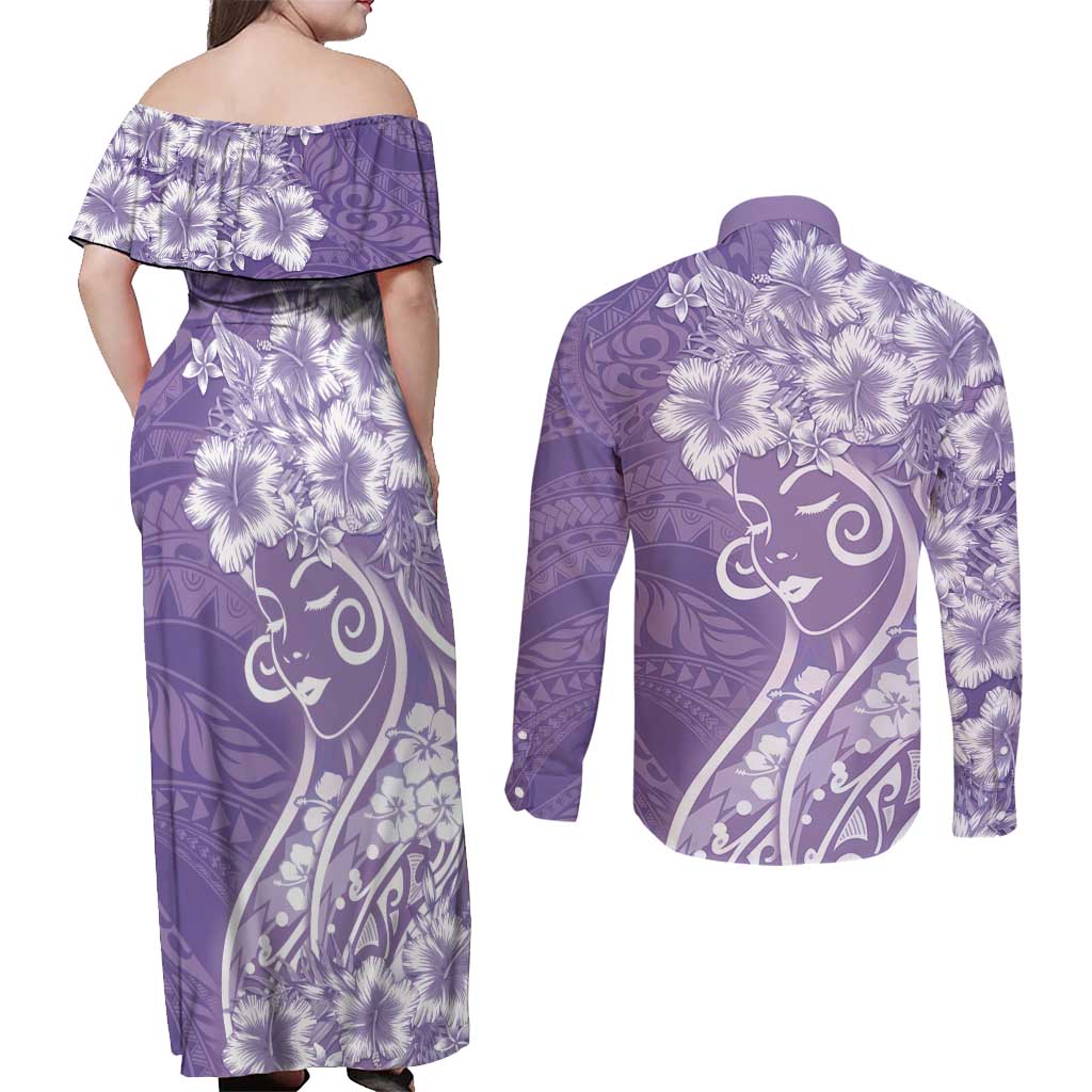 Polynesian Women's Day Couples Matching Off Shoulder Maxi Dress and Long Sleeve Button Shirt Purple Hibiscus Flowers With Polynesian Pattern LT05 - Polynesian Pride