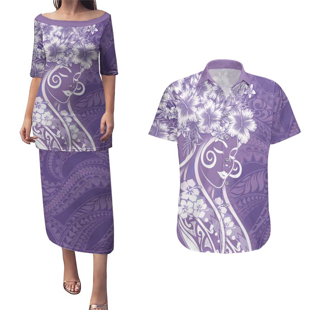 Polynesian Women's Day Couples Matching Puletasi and Hawaiian Shirt Purple Hibiscus Flowers With Polynesian Pattern LT05 Purple - Polynesian Pride