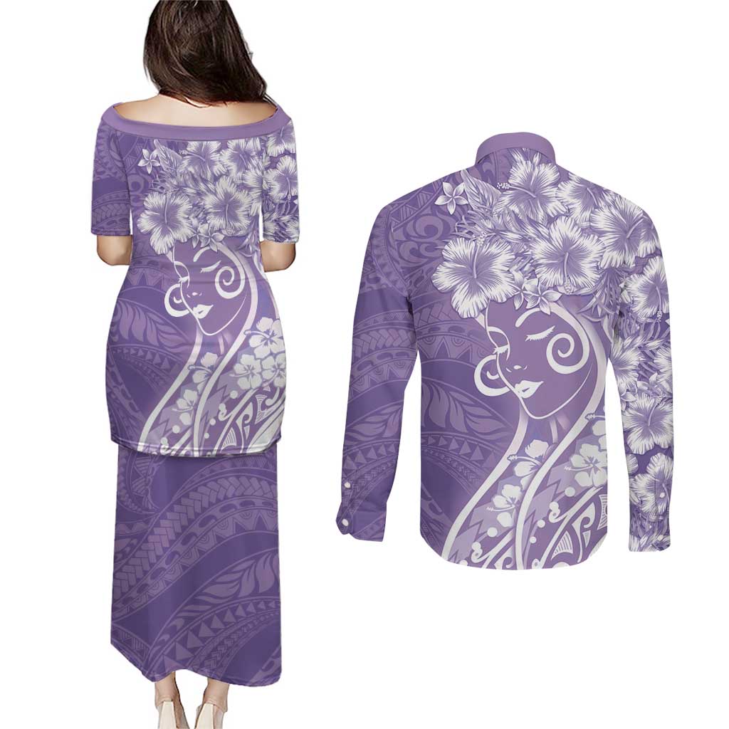 Polynesian Women's Day Couples Matching Puletasi and Long Sleeve Button Shirt Purple Hibiscus Flowers With Polynesian Pattern LT05 - Polynesian Pride