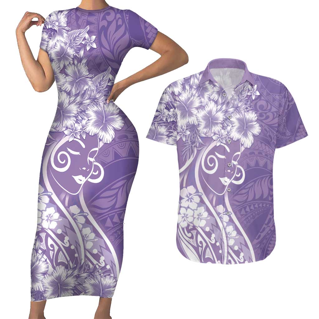 Polynesian Women's Day Couples Matching Short Sleeve Bodycon Dress and Hawaiian Shirt Purple Hibiscus Flowers With Polynesian Pattern