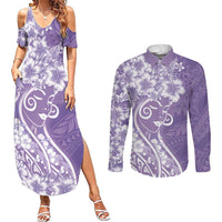 Polynesian Women's Day Couples Matching Summer Maxi Dress and Long Sleeve Button Shirt Purple Hibiscus Flowers With Polynesian Pattern LT05 Purple - Polynesian Pride