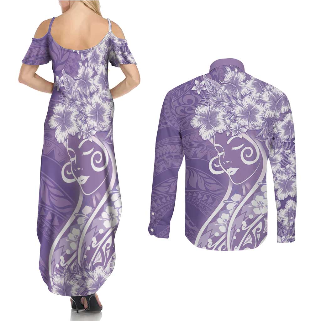 Polynesian Women's Day Couples Matching Summer Maxi Dress and Long Sleeve Button Shirt Purple Hibiscus Flowers With Polynesian Pattern LT05 - Polynesian Pride