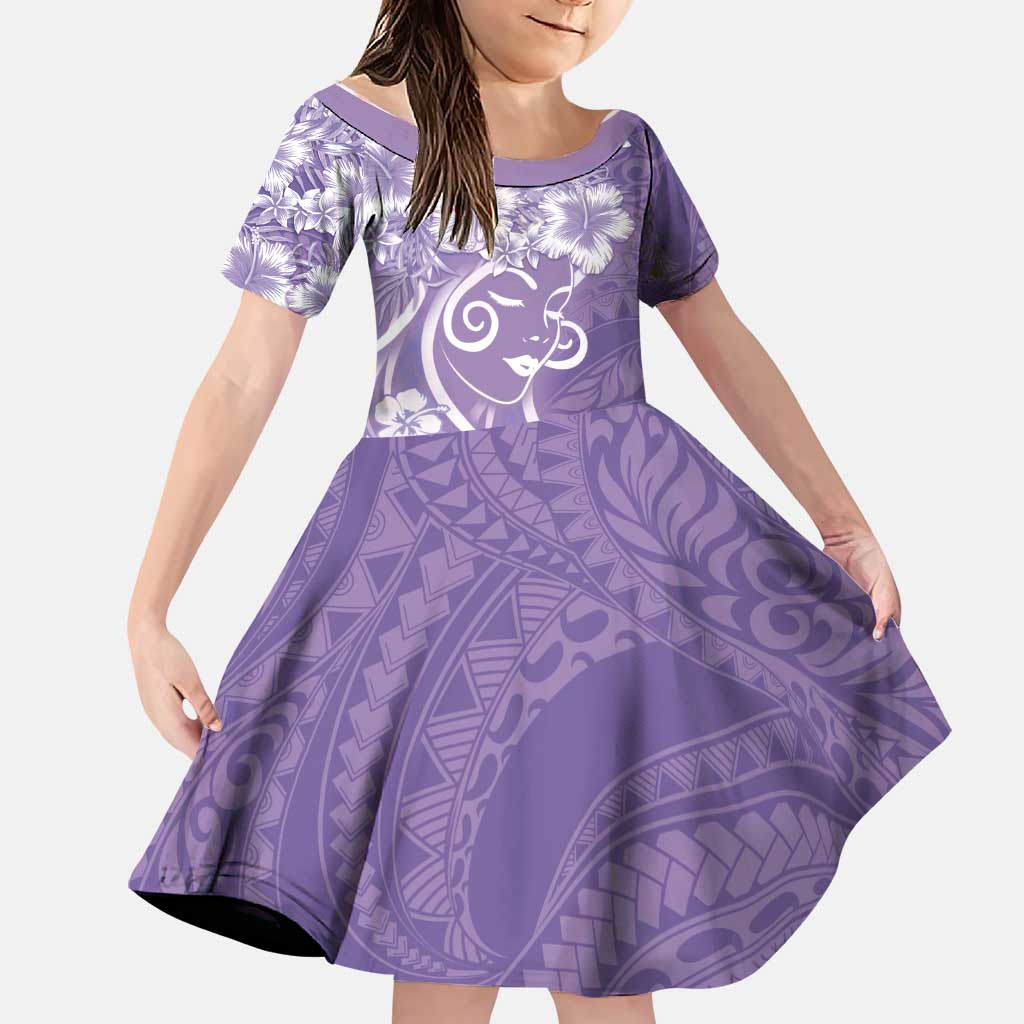 Polynesian Women's Day Family Matching Mermaid Dress and Hawaiian Shirt Purple Hibiscus Flowers With Polynesian Pattern LT05 Daughter's Dress Purple - Polynesian Pride