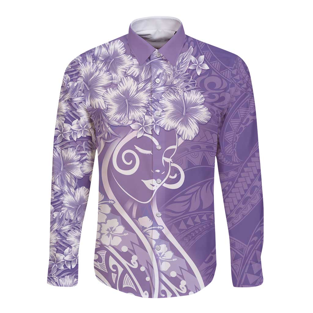 Polynesian Women's Day Long Sleeve Button Shirt Purple Hibiscus Flowers With Polynesian Pattern