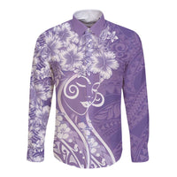 Polynesian Women's Day Long Sleeve Button Shirt Purple Hibiscus Flowers With Polynesian Pattern