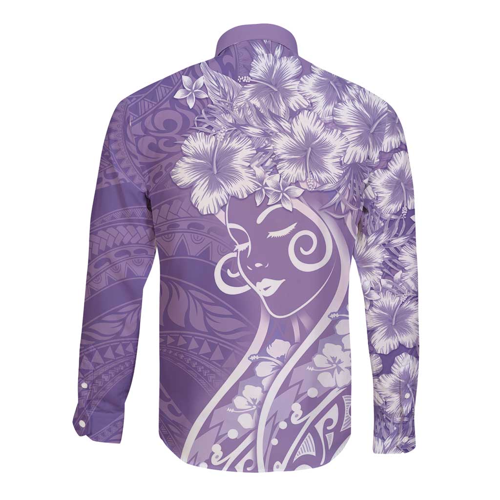 Polynesian Women's Day Long Sleeve Button Shirt Purple Hibiscus Flowers With Polynesian Pattern