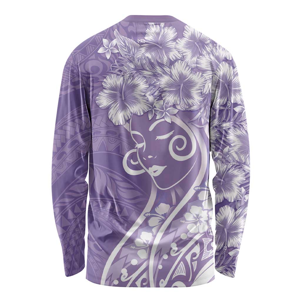 Polynesian Women's Day Long Sleeve Shirt Purple Hibiscus Flowers With Polynesian Pattern
