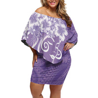 Polynesian Women's Day Off Shoulder Short Dress Purple Hibiscus Flowers With Polynesian Pattern