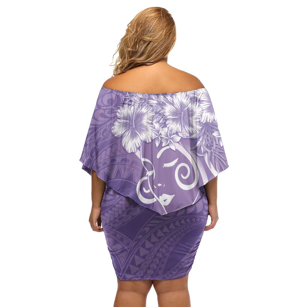 Polynesian Women's Day Off Shoulder Short Dress Purple Hibiscus Flowers With Polynesian Pattern