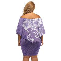 Polynesian Women's Day Off Shoulder Short Dress Purple Hibiscus Flowers With Polynesian Pattern