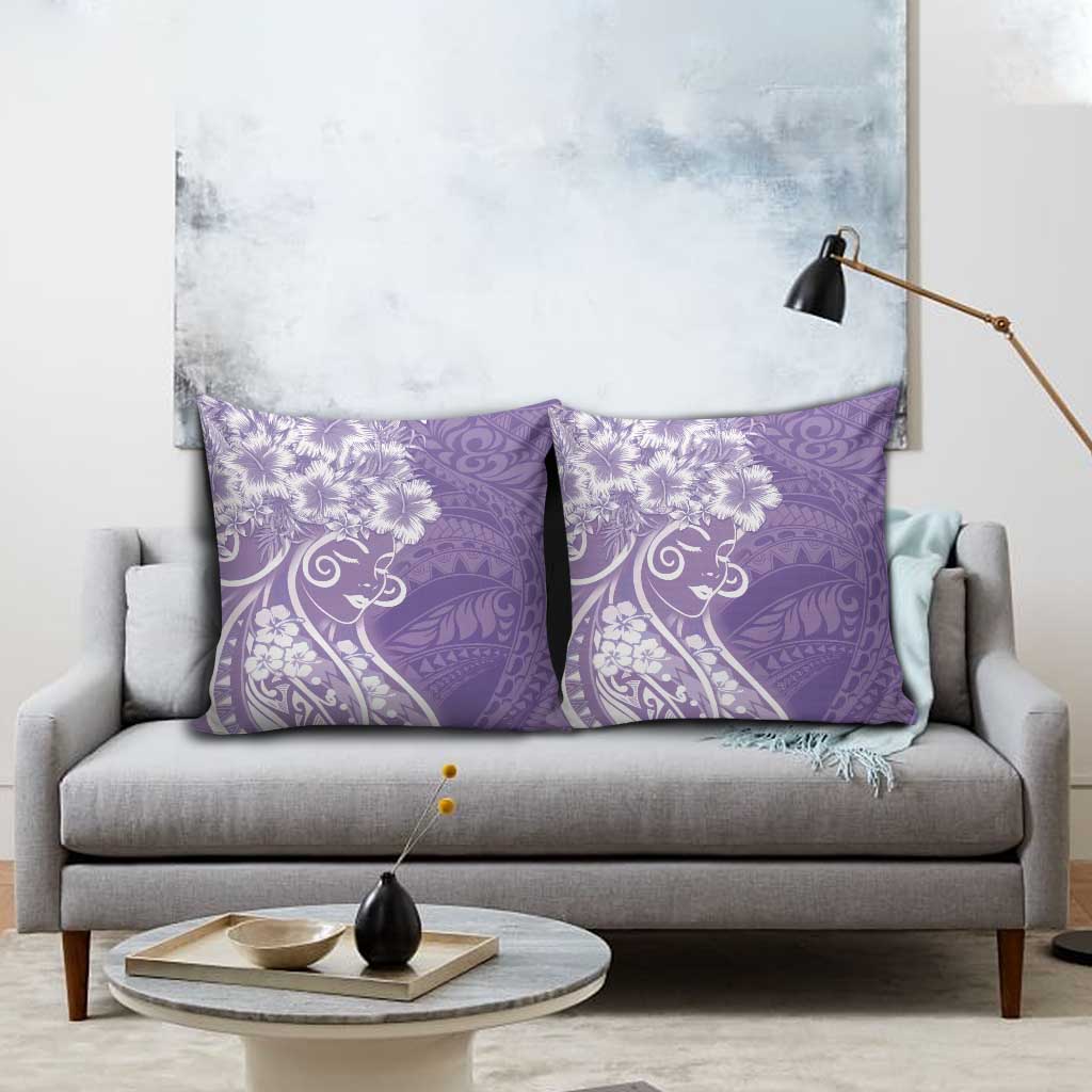 Polynesian Women's Day Pillow Cover Purple Hibiscus Flowers With Polynesian Pattern