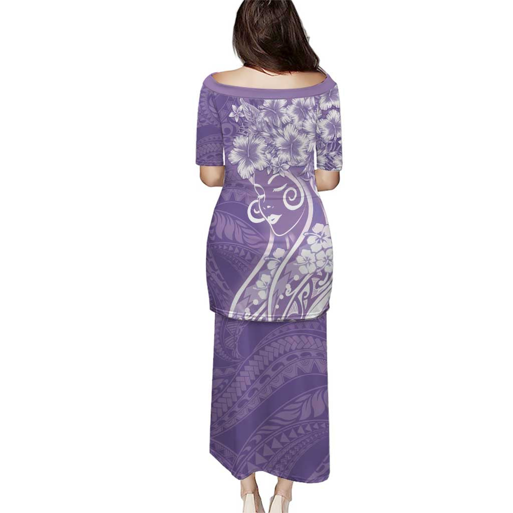 Polynesian Women's Day Puletasi Purple Hibiscus Flowers With Polynesian Pattern LT05 - Polynesian Pride