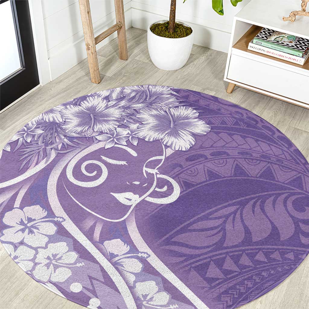 Polynesian Women's Day Round Carpet Purple Hibiscus Flowers With Polynesian Pattern