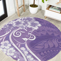 Polynesian Women's Day Round Carpet Purple Hibiscus Flowers With Polynesian Pattern