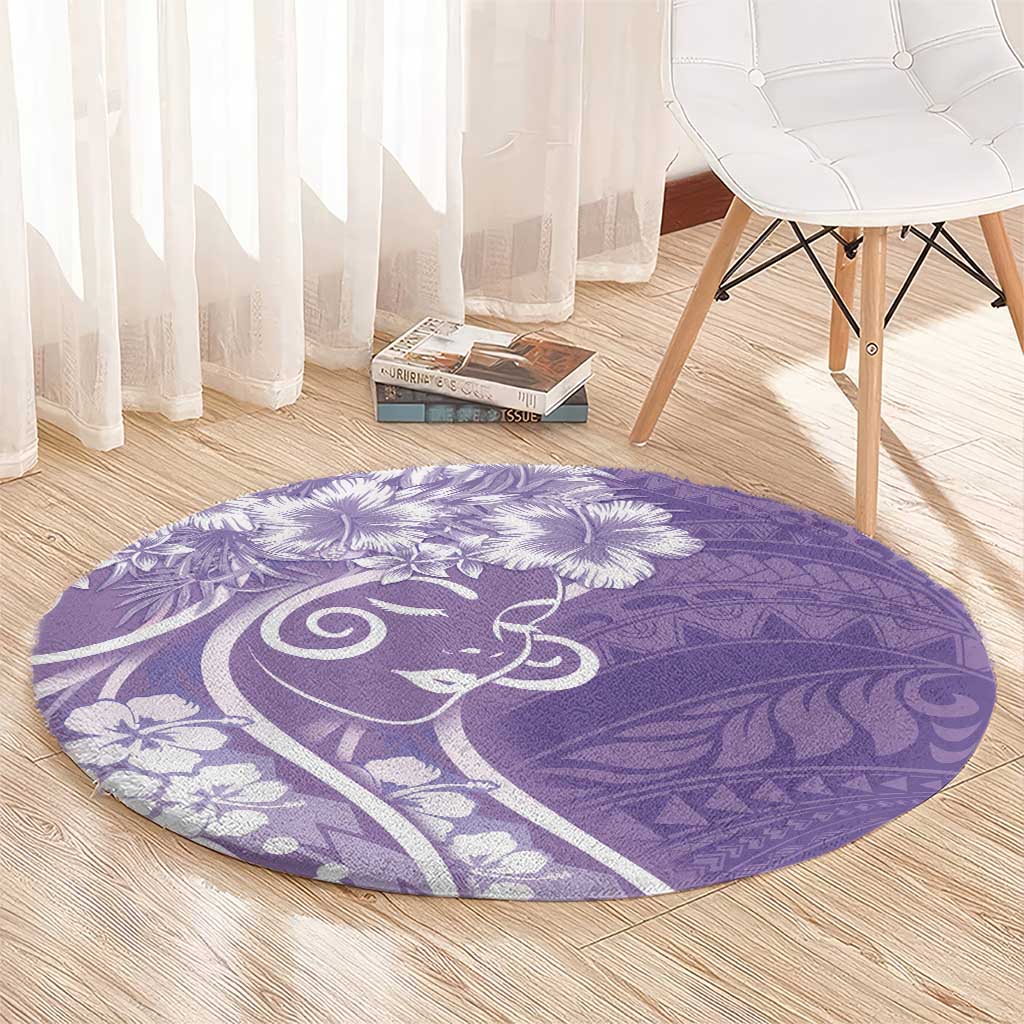Polynesian Women's Day Round Carpet Purple Hibiscus Flowers With Polynesian Pattern