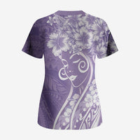 Polynesian Women's Day Scrub Top Purple Hibiscus Flowers With Polynesian Pattern LT05 - Polynesian Pride