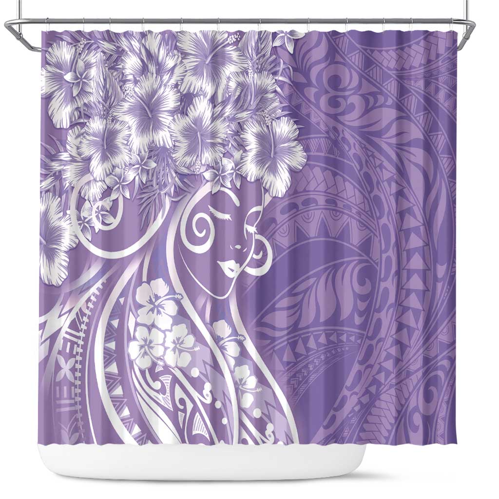 Polynesian Women's Day Shower Curtain Purple Hibiscus Flowers With Polynesian Pattern