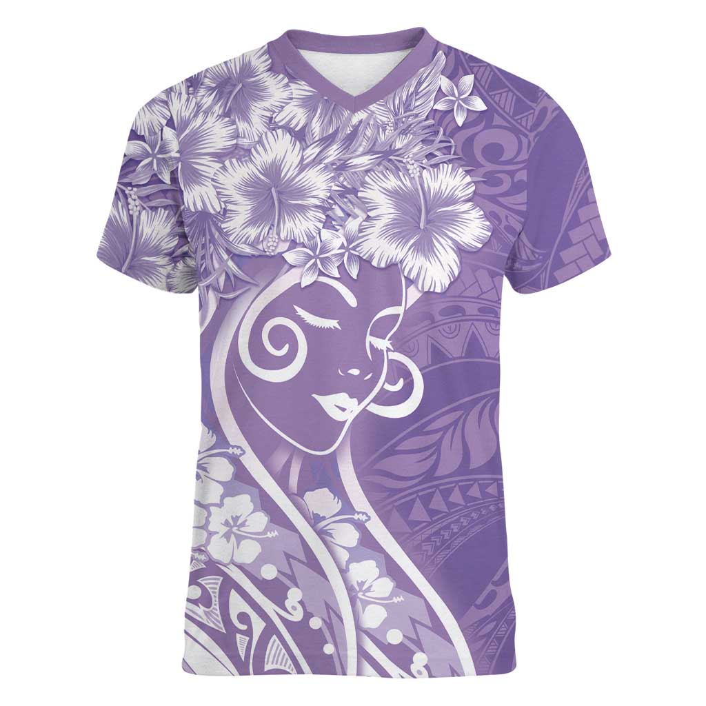 Polynesian Women's Day Women V-Neck T-Shirt Purple Hibiscus Flowers With Polynesian Pattern