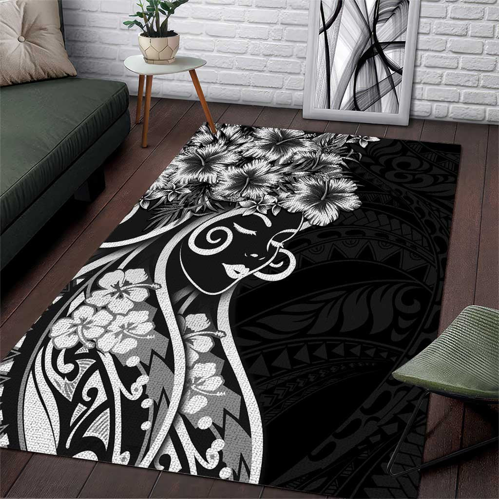 Polynesian Women's Day Area Rug Black Hibiscus Flowers With Polynesian Pattern LT05 Black - Polynesian Pride