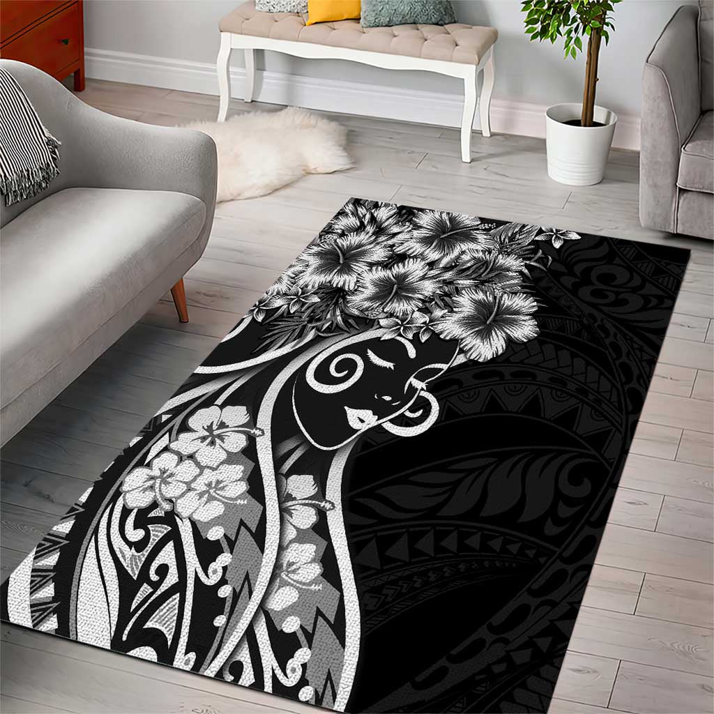 Polynesian Women's Day Area Rug Black Hibiscus Flowers With Polynesian Pattern LT05 - Polynesian Pride
