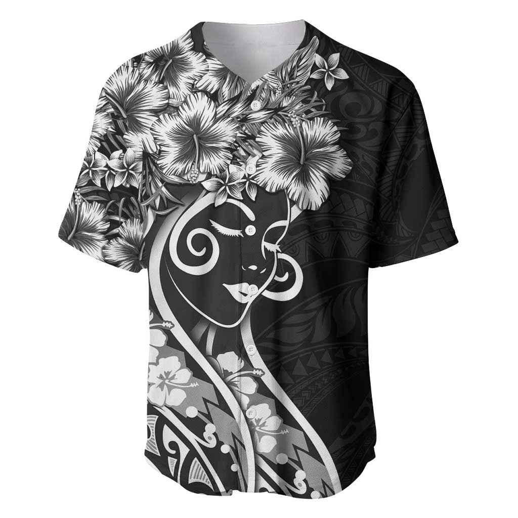 Polynesian Women's Day Baseball Jersey Black Hibiscus Flowers With Polynesian Pattern