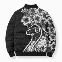 Polynesian Women's Day Bomber Puffer Jacket Black Hibiscus Flowers With Polynesian Pattern LT05 - Polynesian Pride