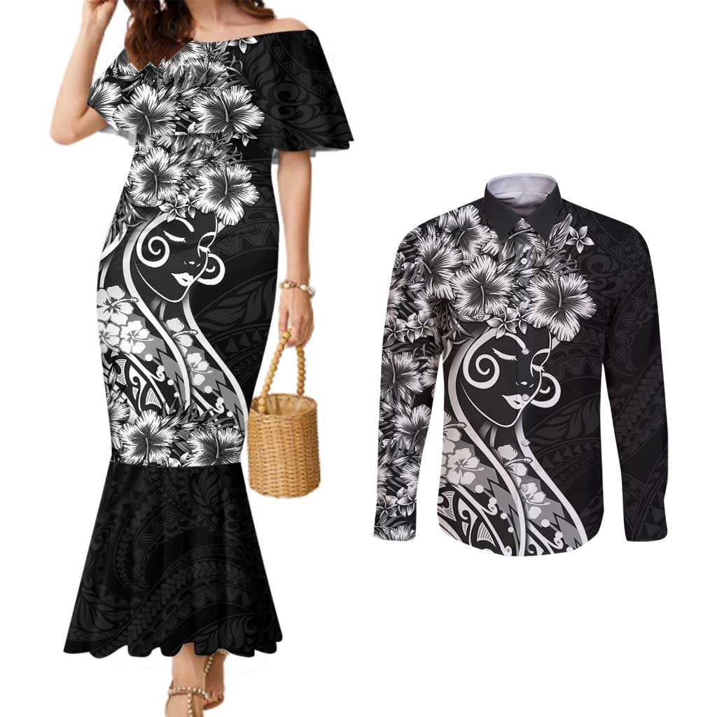 Polynesian Women's Day Couples Matching Mermaid Dress and Long Sleeve Button Shirt Black Hibiscus Flowers With Polynesian Pattern LT05 Black - Polynesian Pride