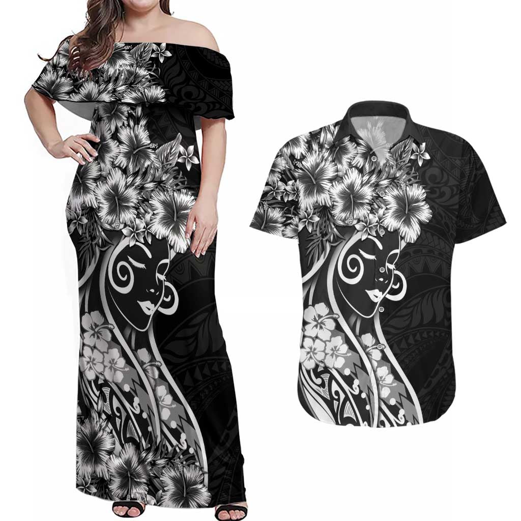 Polynesian Women's Day Couples Matching Off Shoulder Maxi Dress and Hawaiian Shirt Black Hibiscus Flowers With Polynesian Pattern LT05 Black - Polynesian Pride