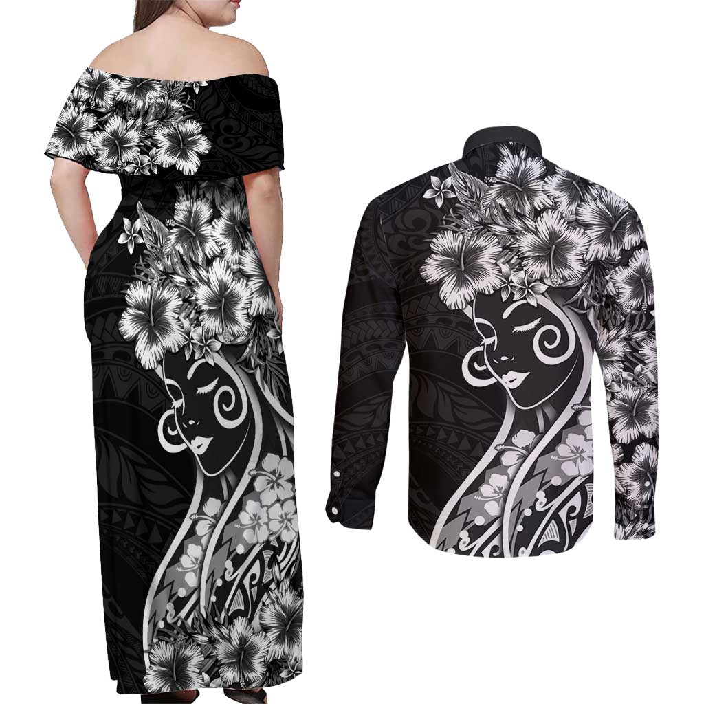 Polynesian Women's Day Couples Matching Off Shoulder Maxi Dress and Long Sleeve Button Shirt Black Hibiscus Flowers With Polynesian Pattern LT05 - Polynesian Pride