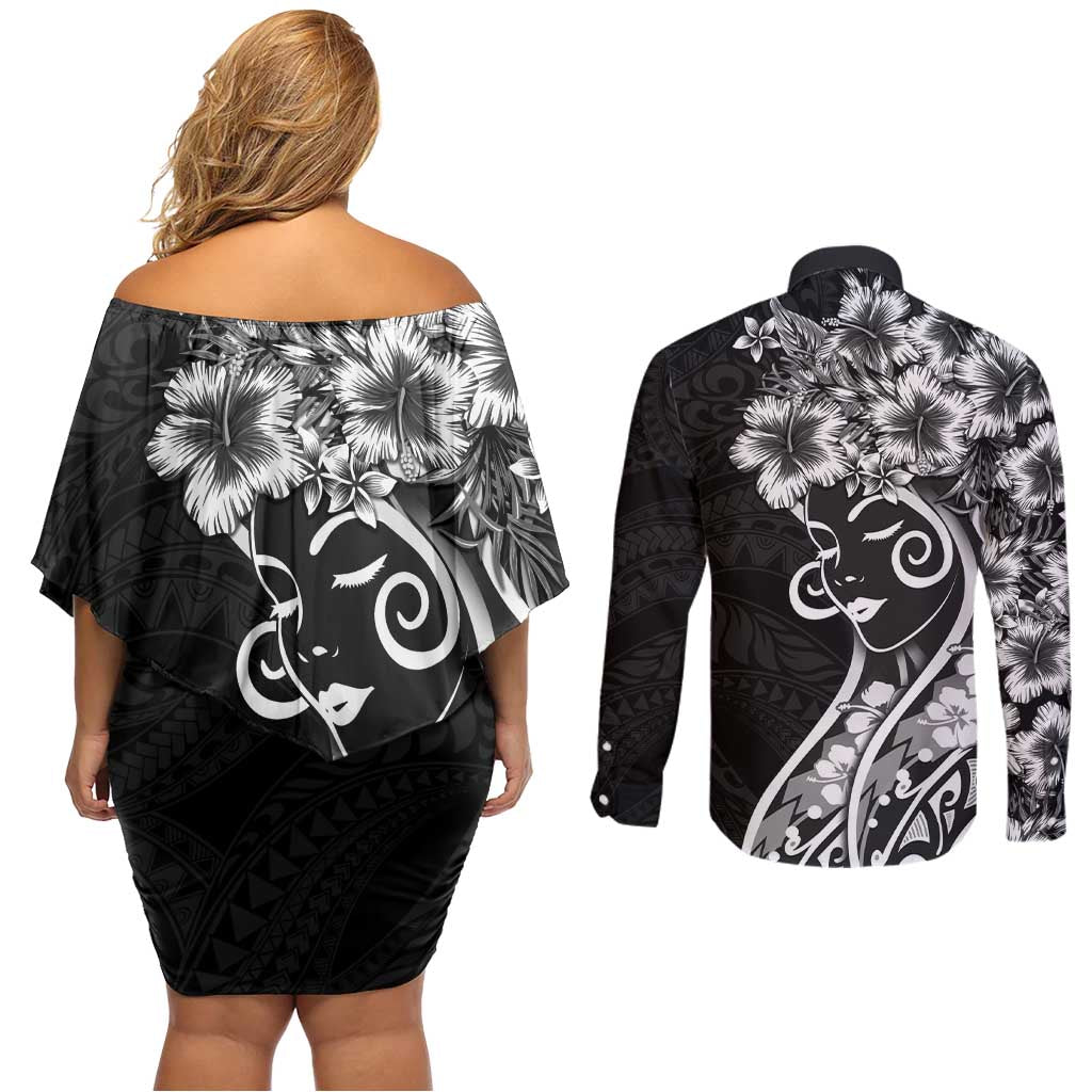 Polynesian Women's Day Couples Matching Off Shoulder Short Dress and Long Sleeve Button Shirt Black Hibiscus Flowers With Polynesian Pattern LT05 - Polynesian Pride