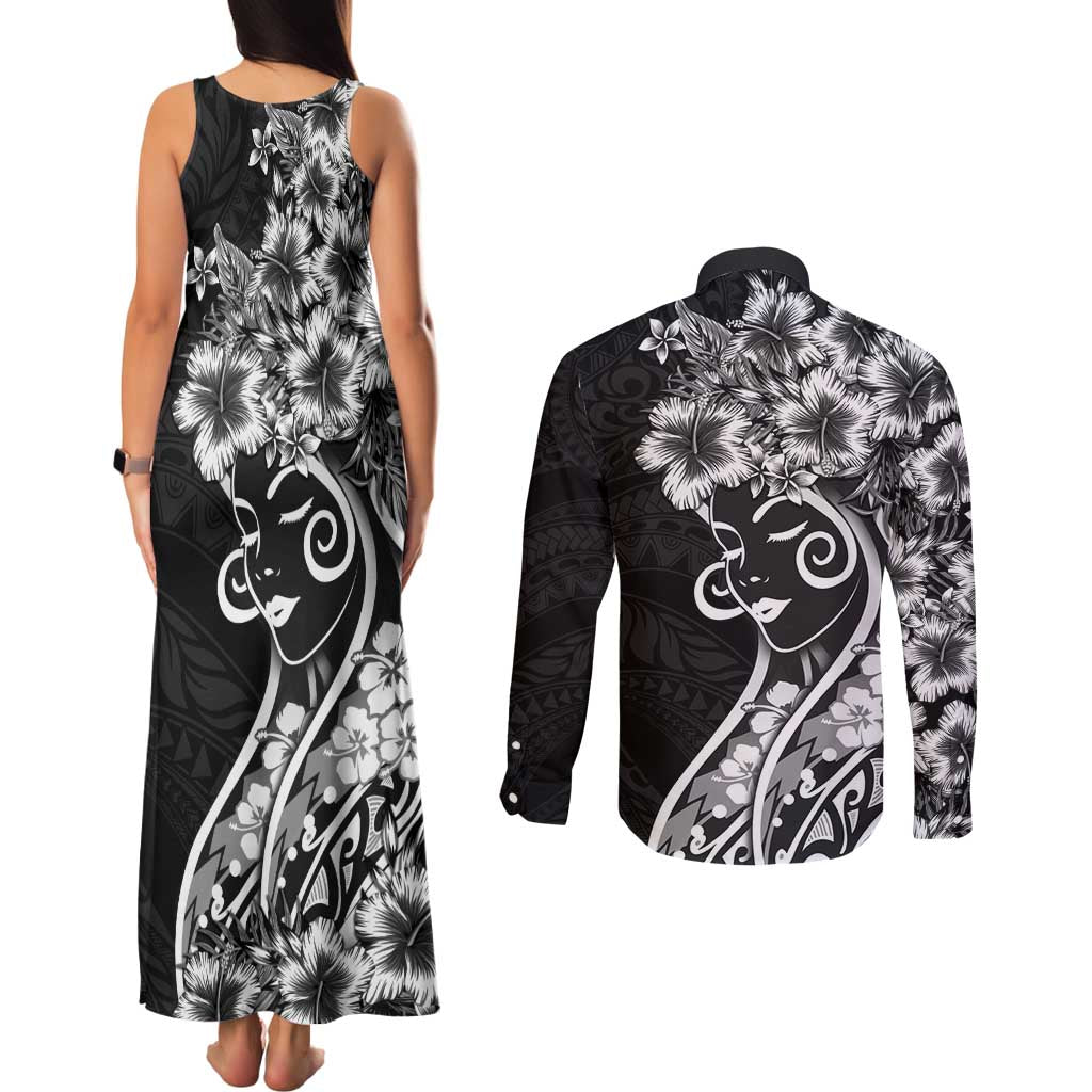 Polynesian Women's Day Couples Matching Tank Maxi Dress and Long Sleeve Button Shirt Black Hibiscus Flowers With Polynesian Pattern LT05 - Polynesian Pride