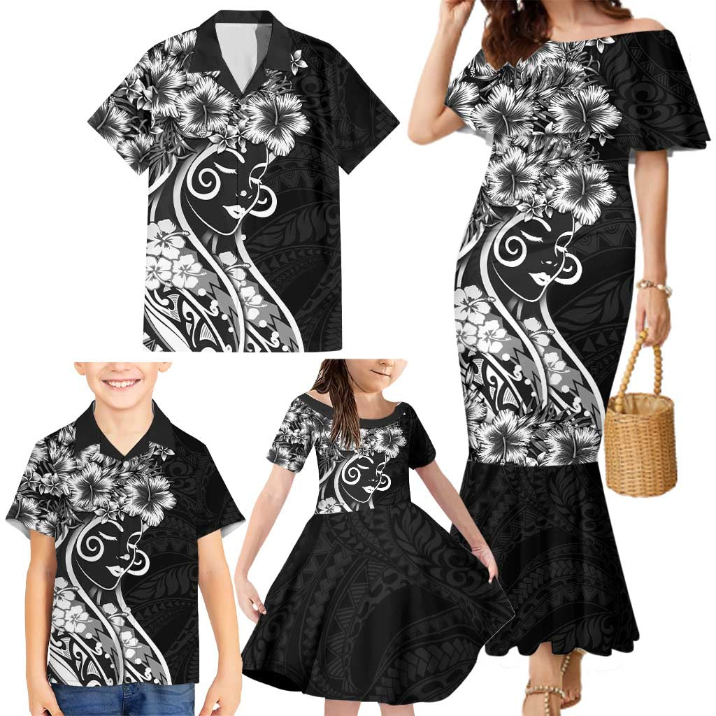 Polynesian Women's Day Family Matching Mermaid Dress and Hawaiian Shirt Black Hibiscus Flowers With Polynesian Pattern