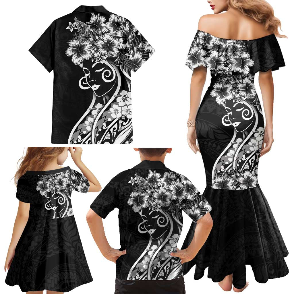 Polynesian Women's Day Family Matching Mermaid Dress and Hawaiian Shirt Black Hibiscus Flowers With Polynesian Pattern