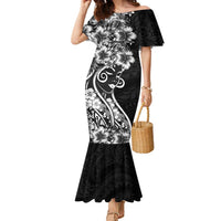 Polynesian Women's Day Family Matching Mermaid Dress and Hawaiian Shirt Black Hibiscus Flowers With Polynesian Pattern