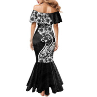 Polynesian Women's Day Family Matching Mermaid Dress and Hawaiian Shirt Black Hibiscus Flowers With Polynesian Pattern