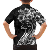 Polynesian Women's Day Family Matching Off The Shoulder Long Sleeve Dress and Hawaiian Shirt Black Hibiscus Flowers With Polynesian Pattern