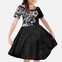 Polynesian Women's Day Family Matching Off The Shoulder Long Sleeve Dress and Hawaiian Shirt Black Hibiscus Flowers With Polynesian Pattern