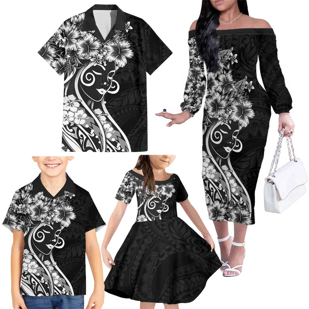 Polynesian Women's Day Family Matching Off The Shoulder Long Sleeve Dress and Hawaiian Shirt Black Hibiscus Flowers With Polynesian Pattern