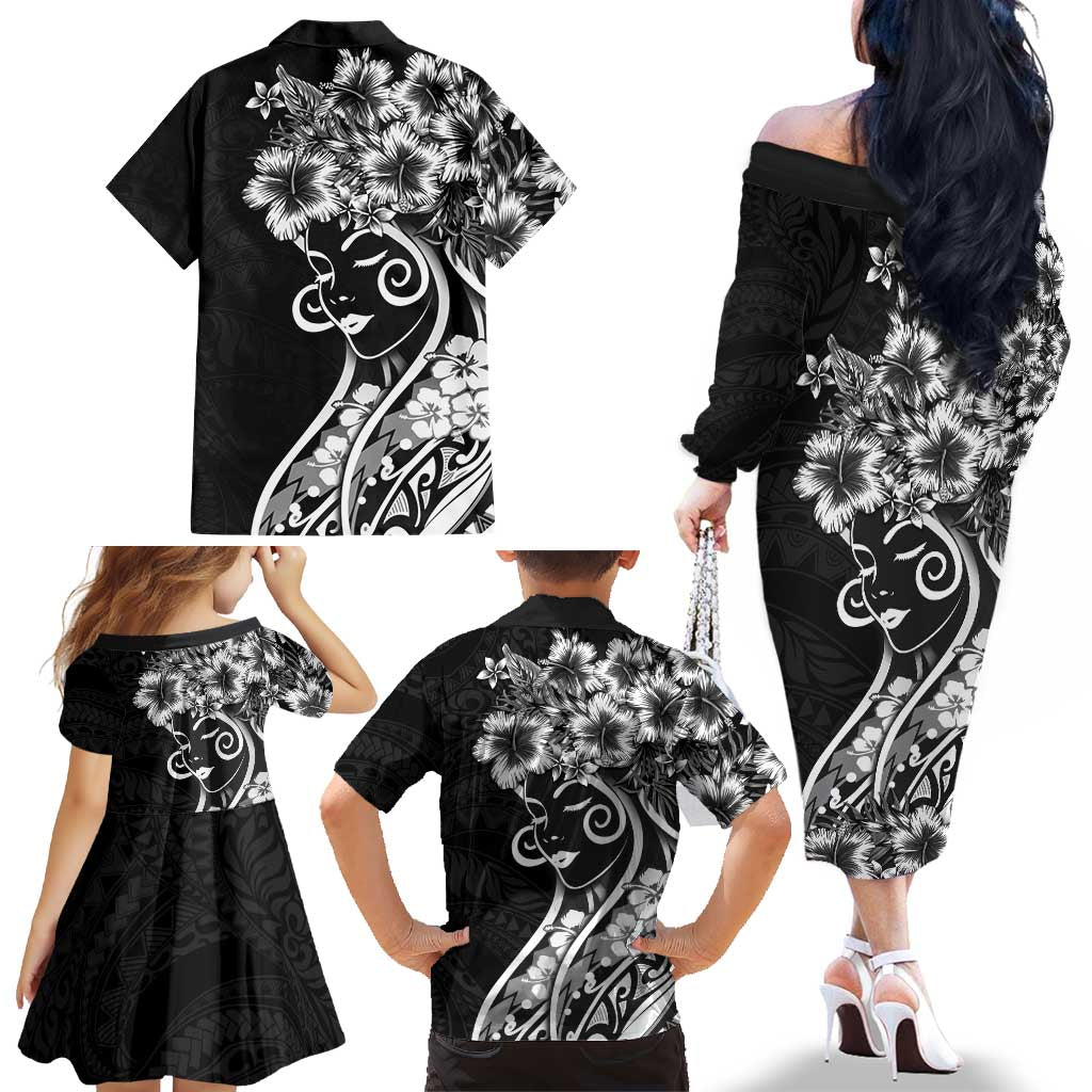 Polynesian Women's Day Family Matching Off The Shoulder Long Sleeve Dress and Hawaiian Shirt Black Hibiscus Flowers With Polynesian Pattern