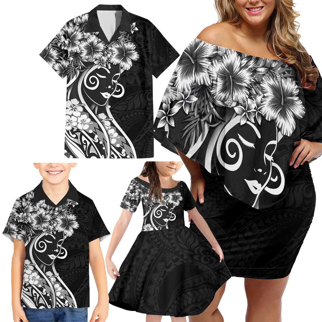 Polynesian Women's Day Family Matching Off Shoulder Short Dress and Hawaiian Shirt Black Hibiscus Flowers With Polynesian Pattern