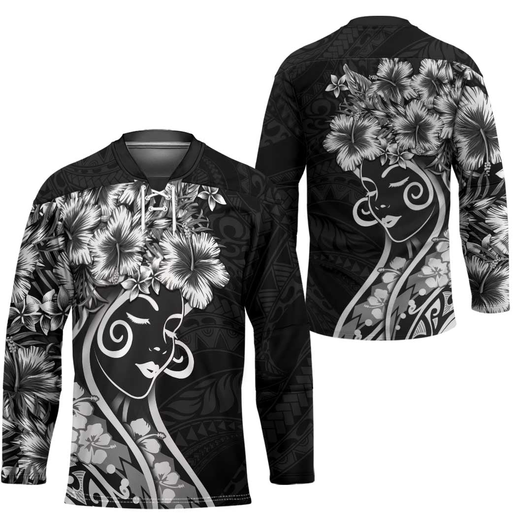 Polynesian Women's Day Hockey Jersey Black Hibiscus Flowers With Polynesian Pattern LT05 - Polynesian Pride