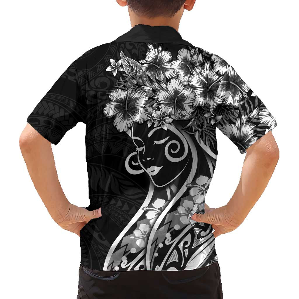 Polynesian Women's Day Kid Hawaiian Shirt Black Hibiscus Flowers With Polynesian Pattern
