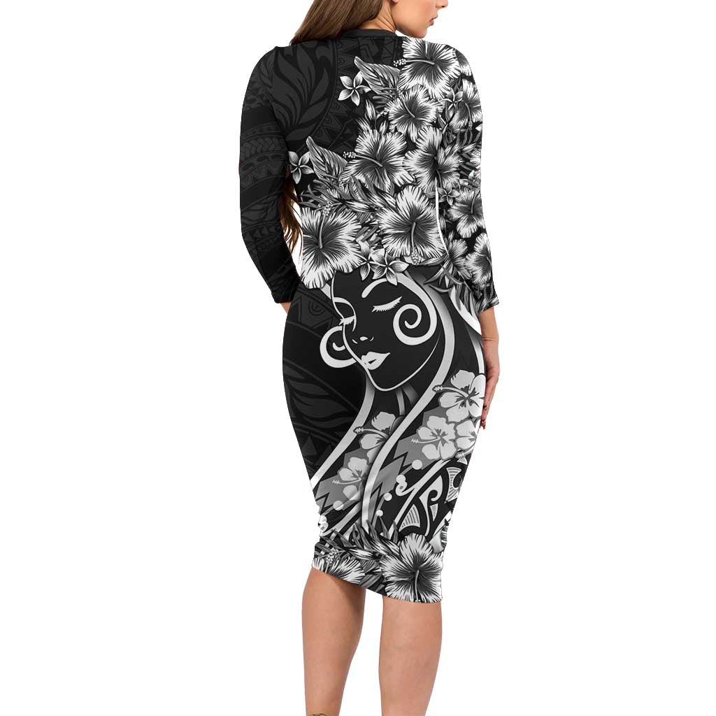 Polynesian Women's Day Long Sleeve Bodycon Dress Black Hibiscus Flowers With Polynesian Pattern LT05 - Polynesian Pride
