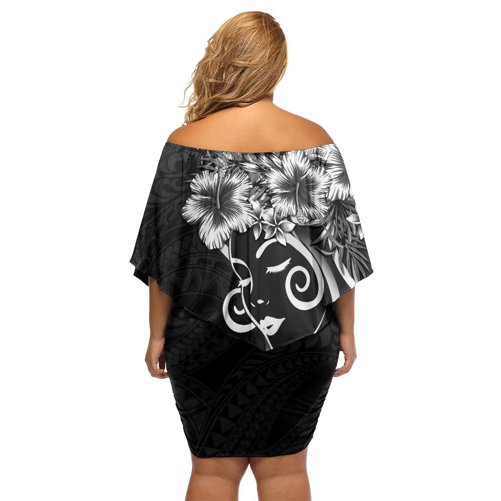 Polynesian Women's Day Off Shoulder Short Dress Black Hibiscus Flowers With Polynesian Pattern