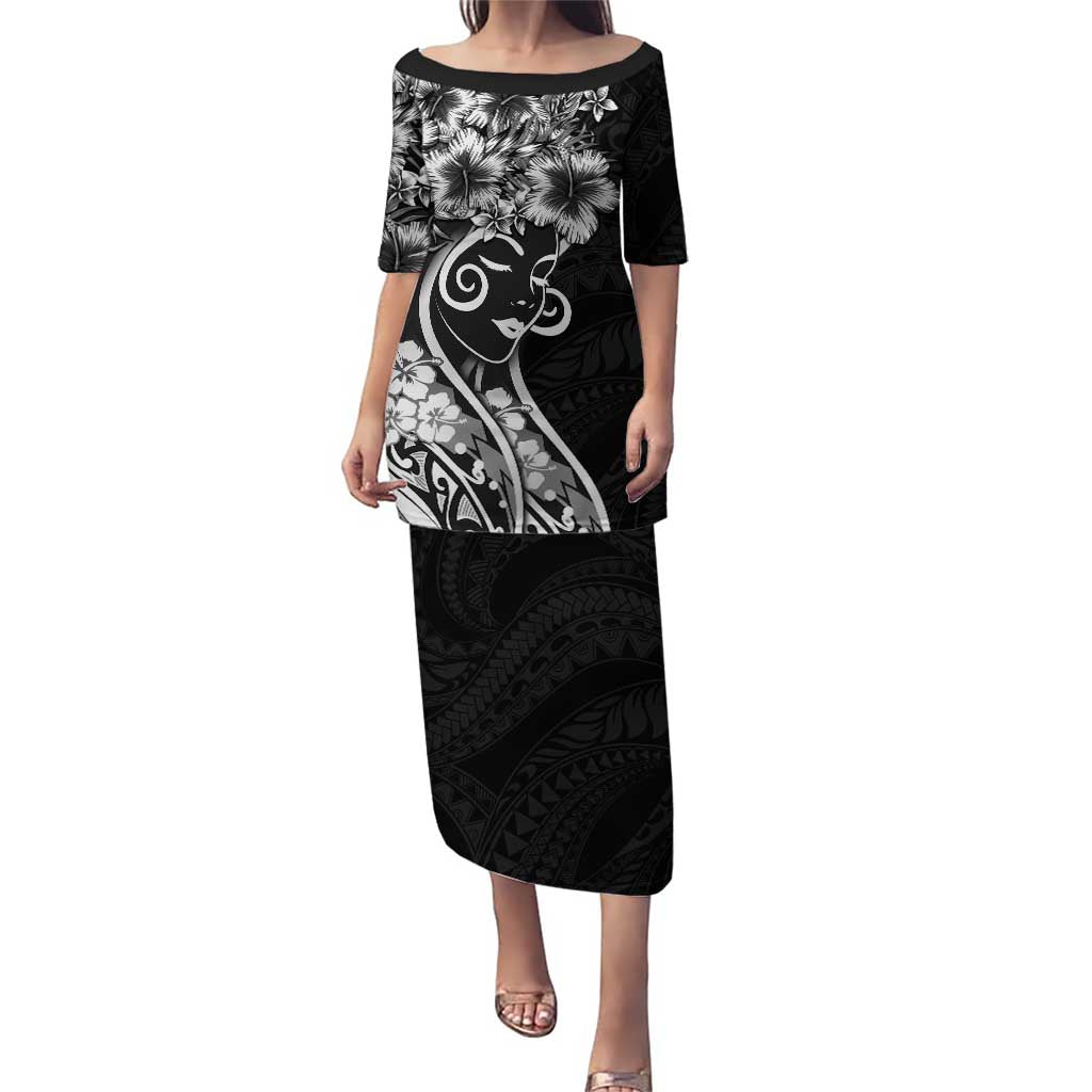 Polynesian Women's Day Puletasi Black Hibiscus Flowers With Polynesian Pattern