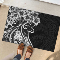 Polynesian Women's Day Rubber Doormat Black Hibiscus Flowers With Polynesian Pattern