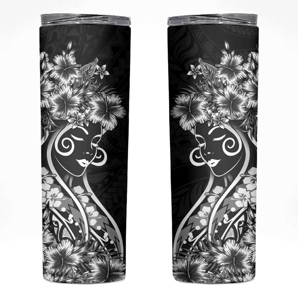 Polynesian Women's Day Skinny Tumbler Black Hibiscus Flowers With Polynesian Pattern